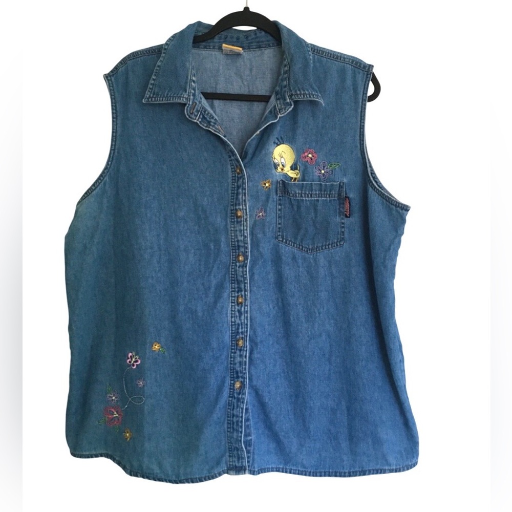Vintage Tweety Bird Looney Tunes Denim Top Womens 2X Embroidered